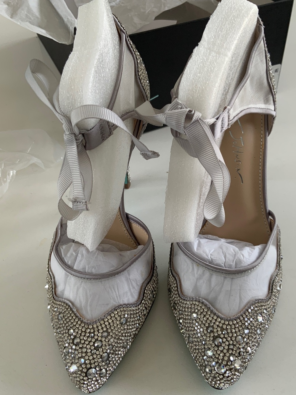 Blue by Betsey Johnson Silver Crystal Embellished Pointed-Toe Ankle-Tie Heels